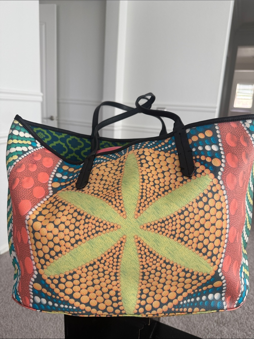 Vibrant Coral & Green Patterned Tote Bag